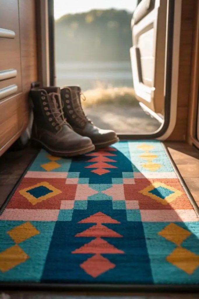 Rustic welcome mat near doorway.