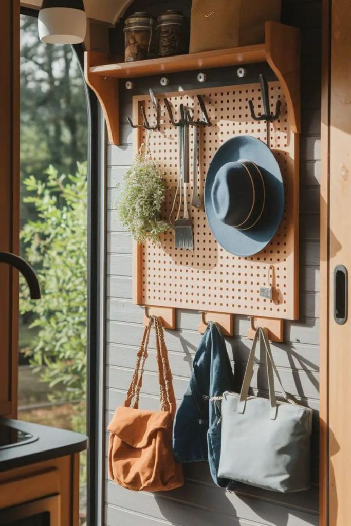Rustic wall hooks near entrance.
