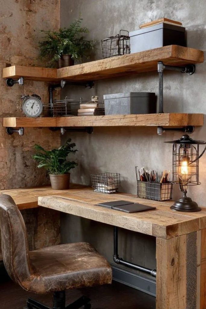 Rustic industrial wood metal desk setup.