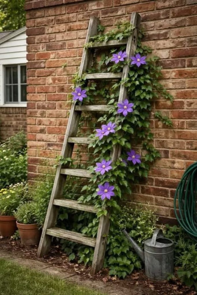 Rustic ladder trellis with climbing vines.
