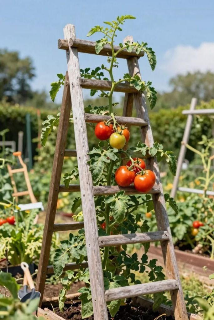 Rustic wooden ladder garden trellis