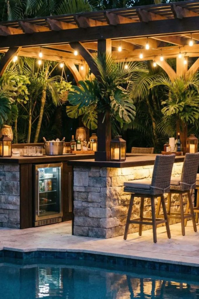 Rustic lagoon timber bar feel