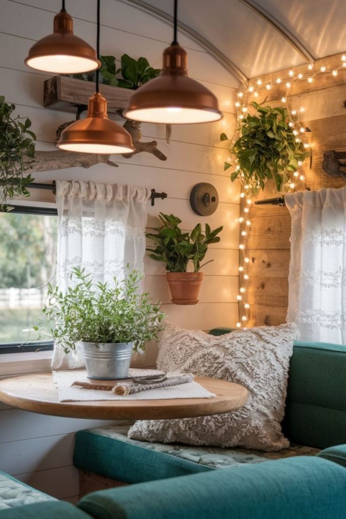 Rustic lantern decor inside RV nook.
