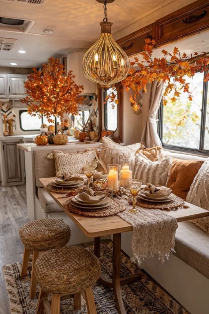 Rustic lantern decor inside RV nook.