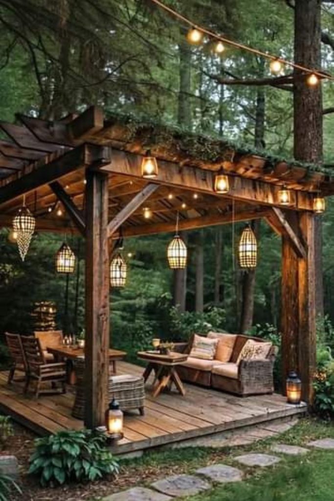 Rustic lantern pergola farmhouse patio.