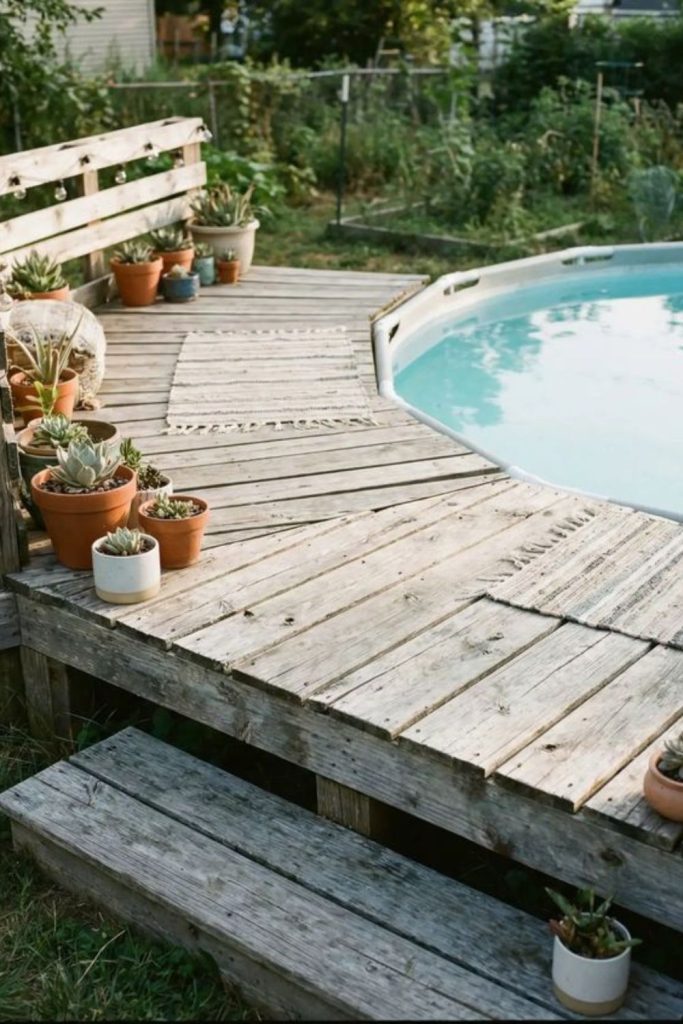 Rustic log slice poolside stepping pathway
