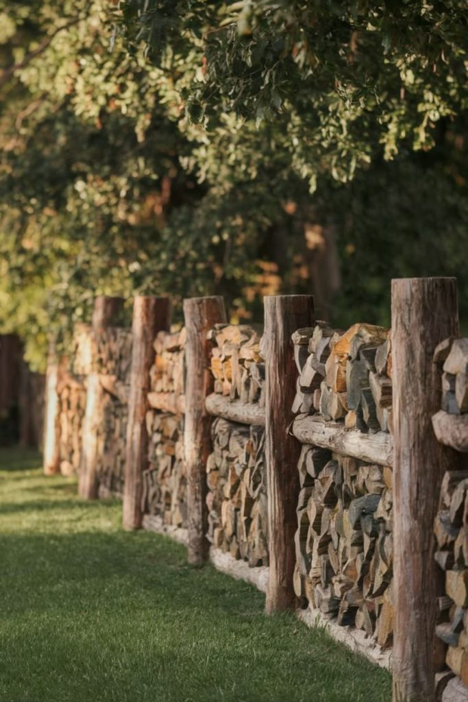 Rustic log stack woodland style fence