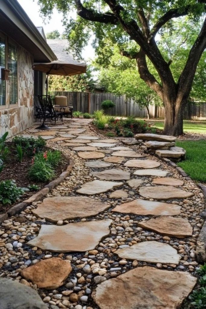 Rustic pebble concrete patio garden charm.