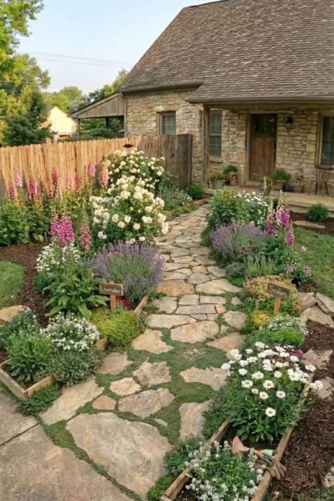 Rustic stone pathway through meadow.