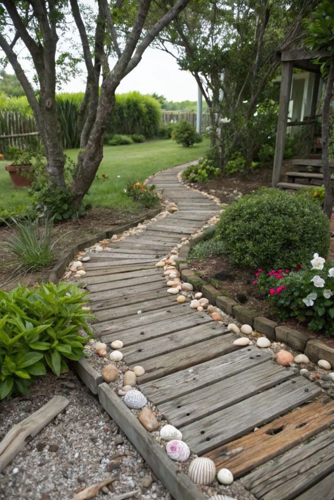 Rustic timber garden walk wooden path forest inspired yard design