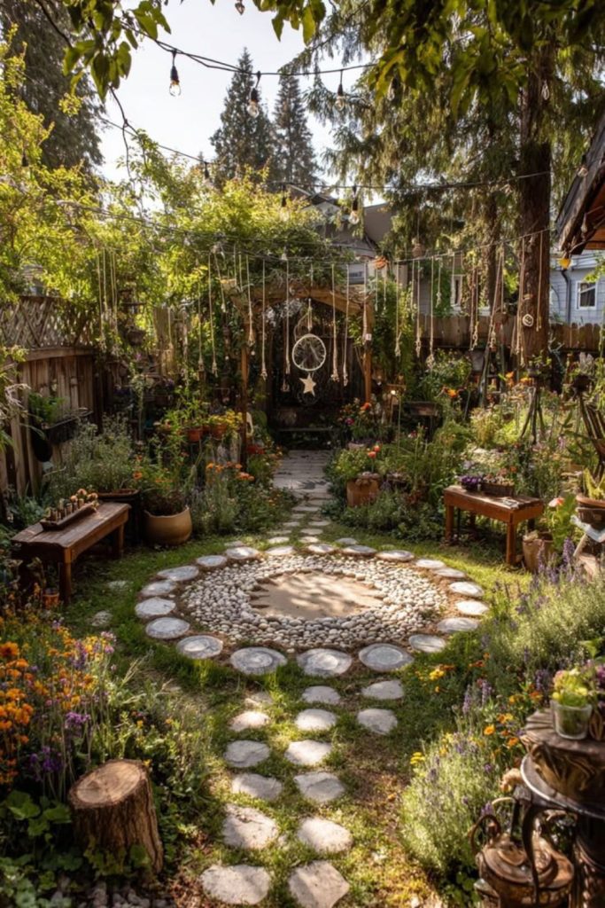 Rustic timber garden with greenery.