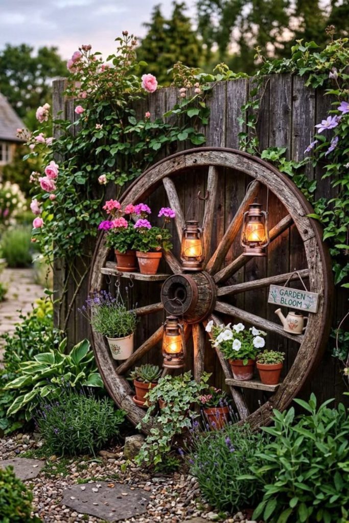 Wagon wheel rustic vine trellis.