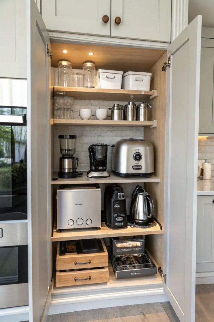 Pantry appliance storage corner setup.