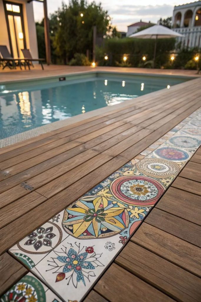 Bright painted pallet framed pool deck