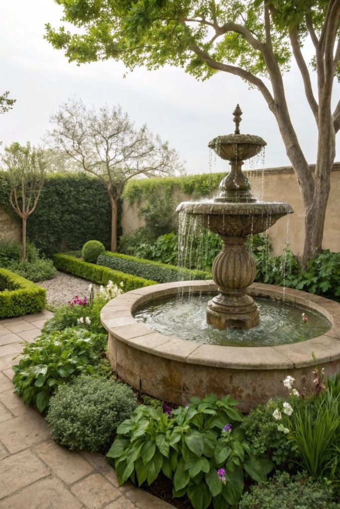 Sculpted green yard with fountain.