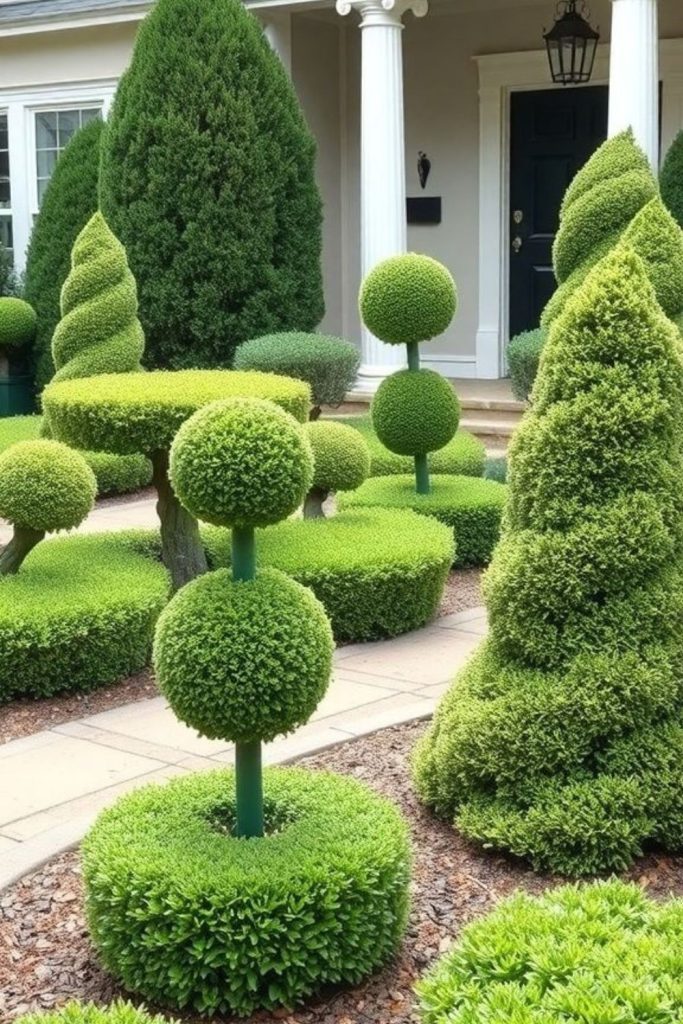 Sculpted topiary showcase trimmed shrubs artistic garden display