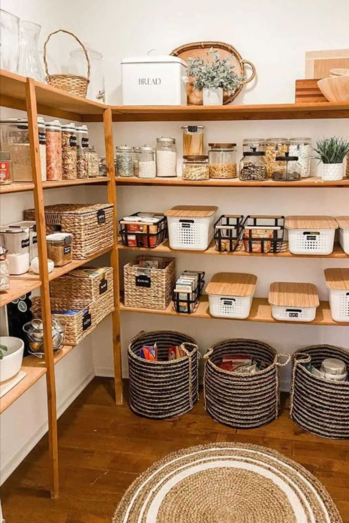 Seasonal pantry shelf organization idea.