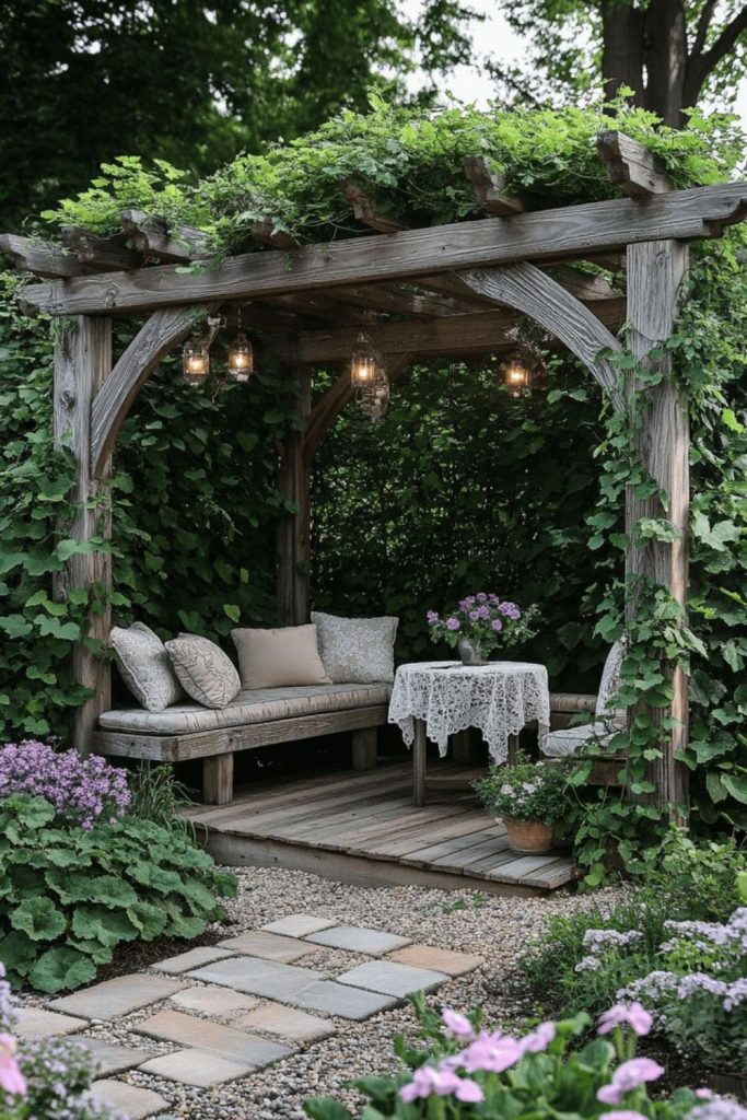 Hidden garden pergola with greenery.