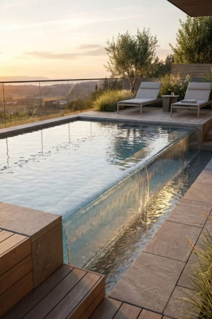 Skyline rooftop infinity pool deck