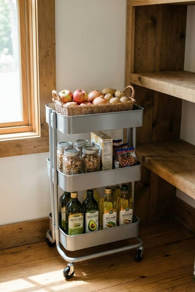 Slim rolling pantry cart storage.