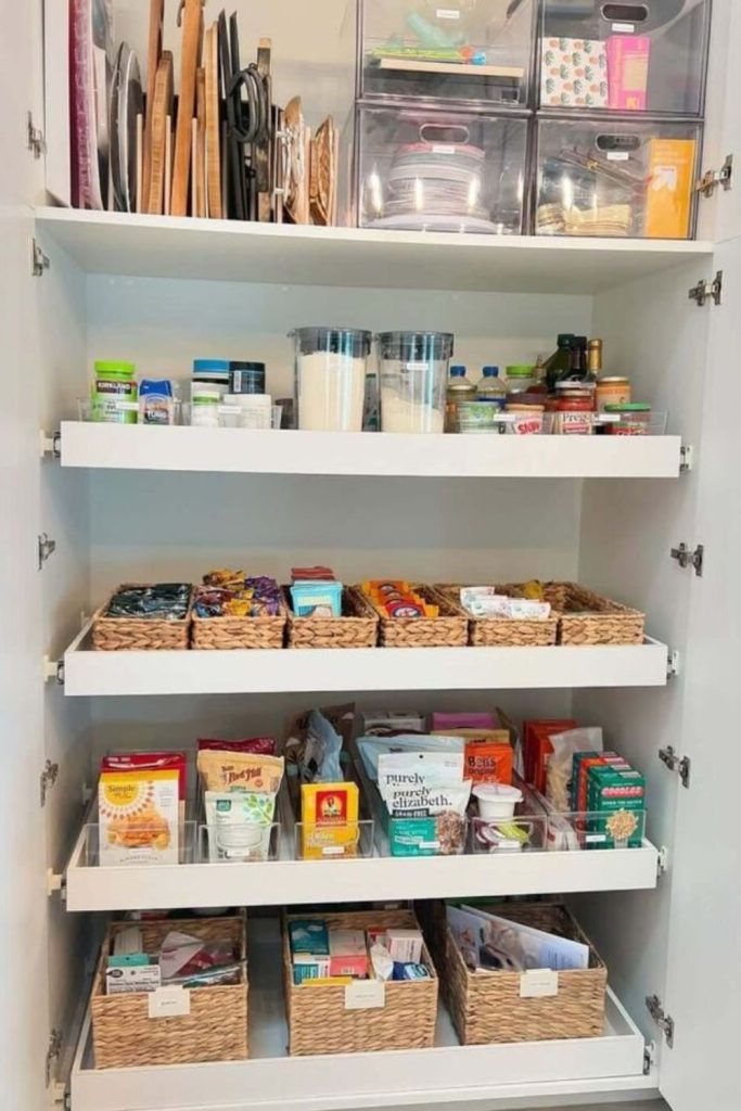 Small pantry basket category organization.