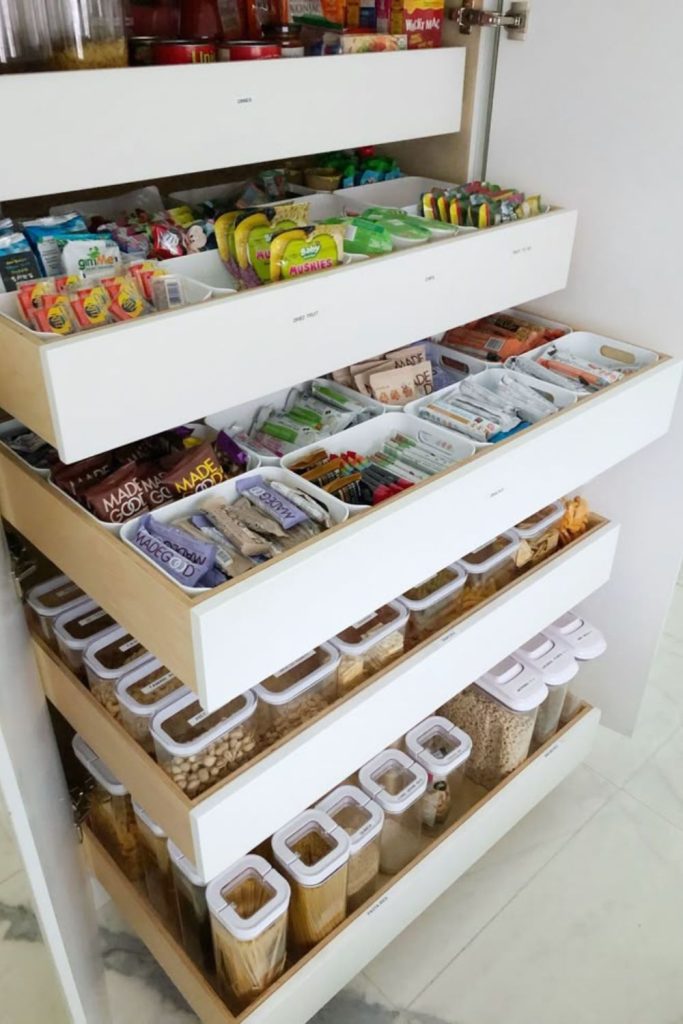 Pull-out pantry snack drawer storage.