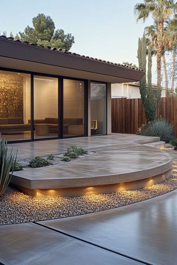 Curved concrete patio peaceful setting.