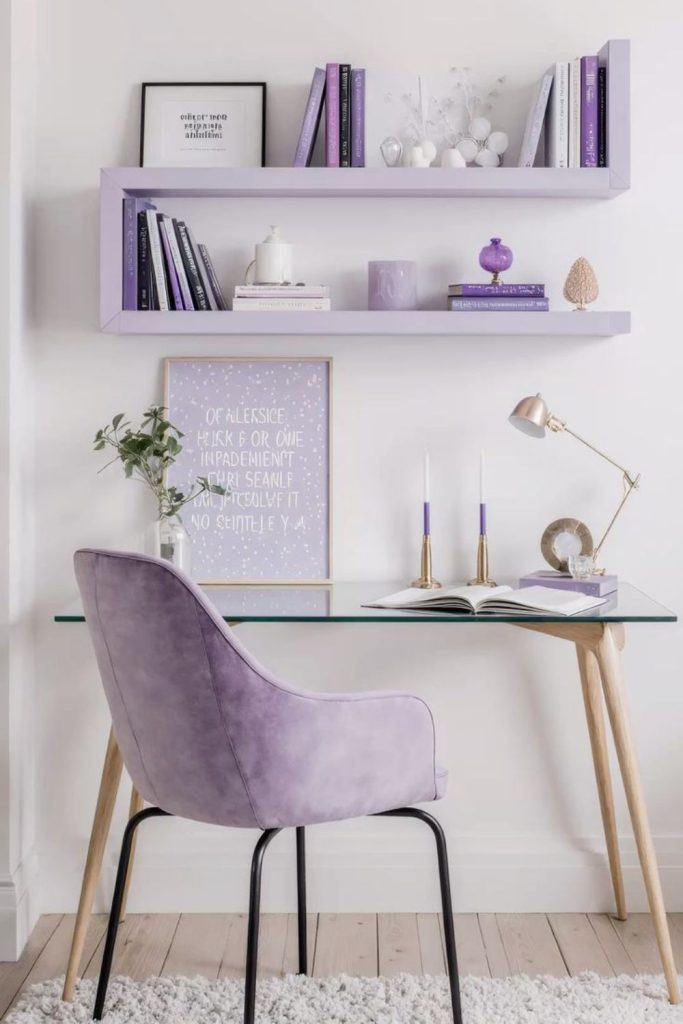 Lavender soft dreamy cubicle workspace design.