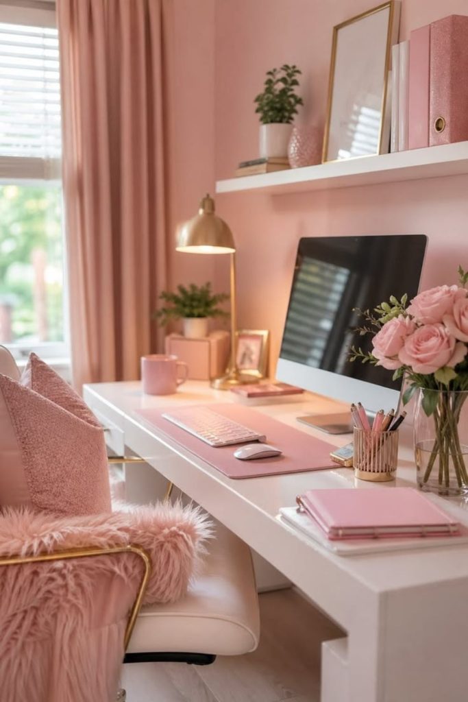 Soft pink aesthetic office cubicle style.