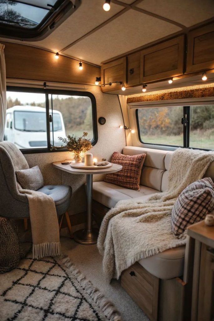 Layered soft rugs in camper.
