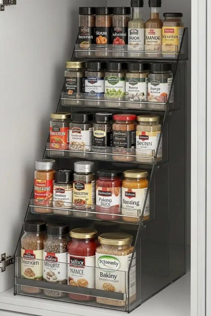 Organized spice shelf pantry arrangement.