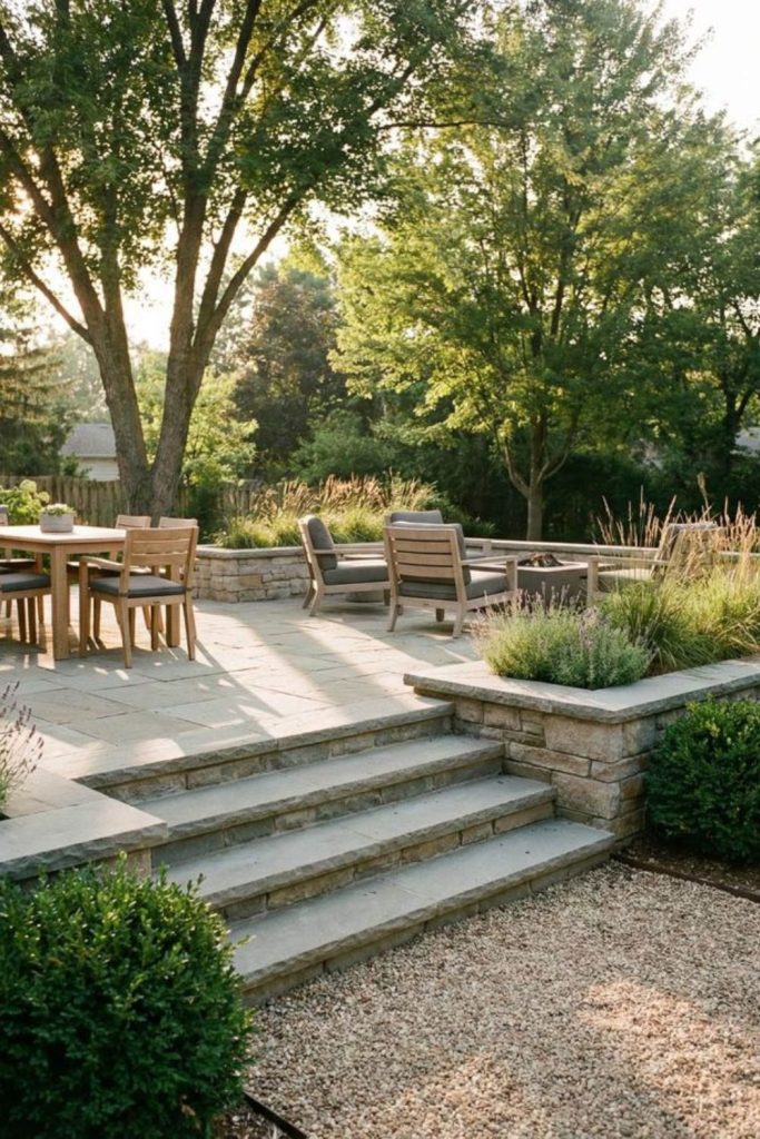 Split-level concrete patio backyard layout.