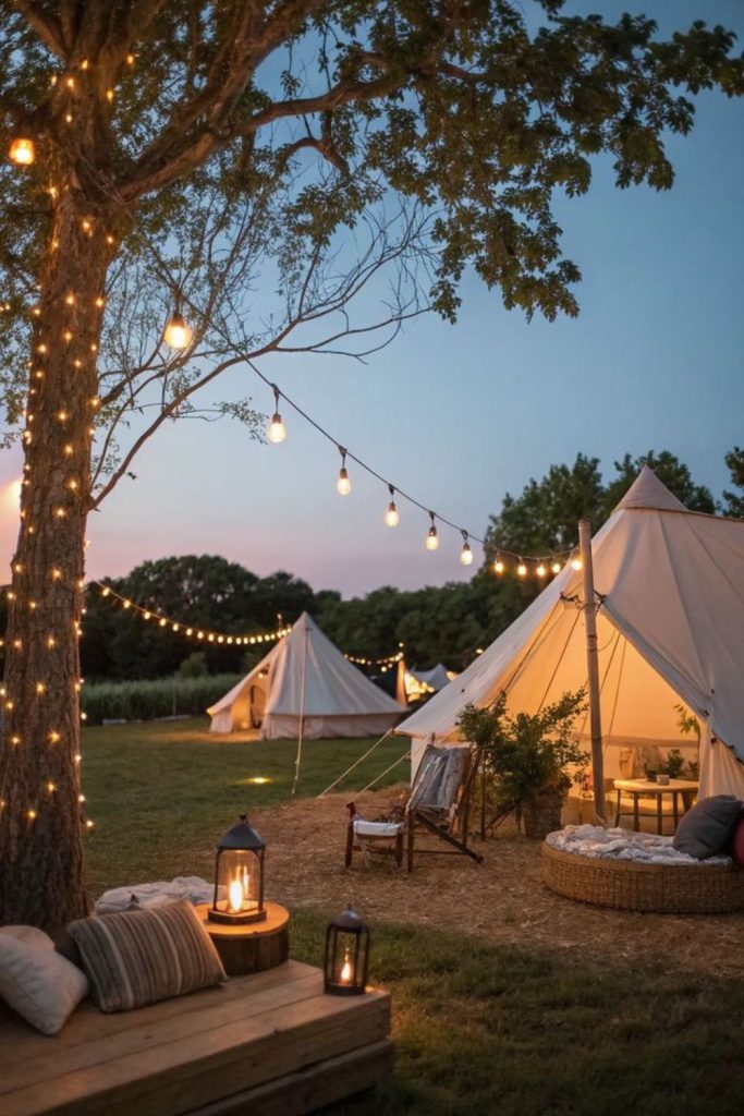 Luxury timber campsite beneath starlit forest