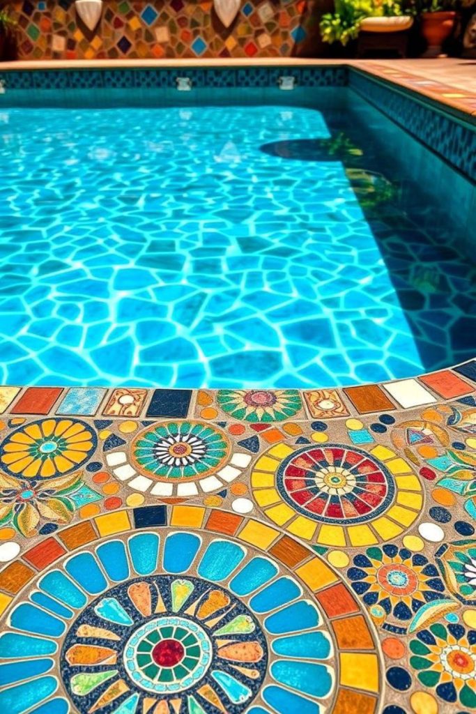 Stone mosaic entry deck artistic pool walkway