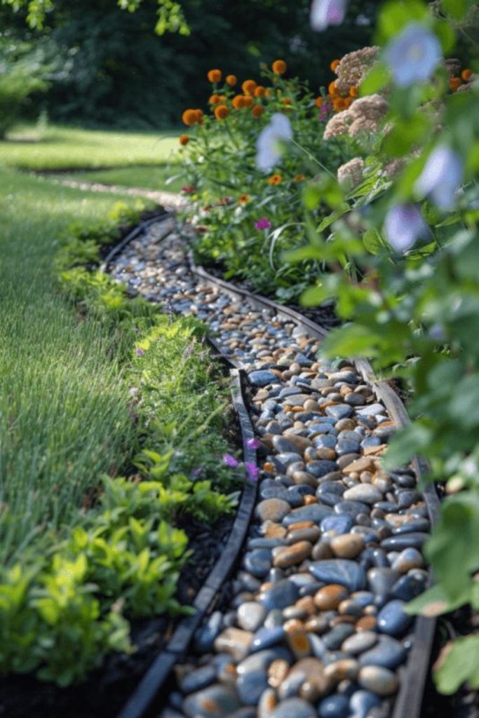 Pebble dry stream garden edging design