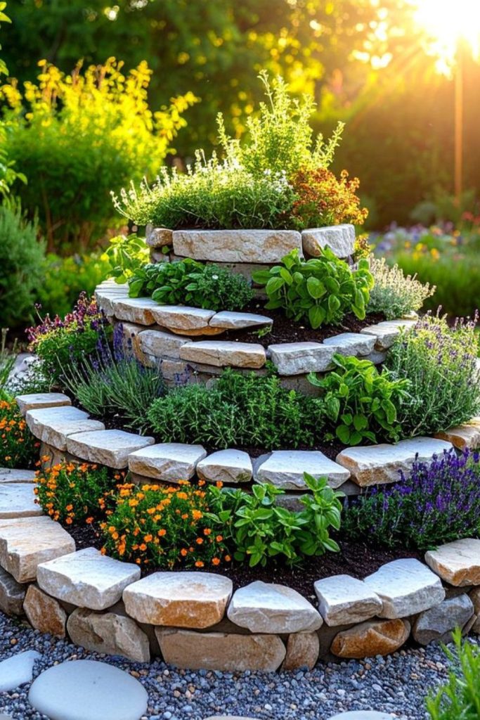 Stone spiral calming herb garden layout