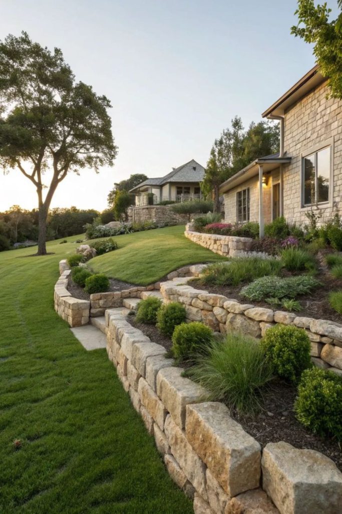 Stone terrace tier garden layered rocks cascading greenery structure