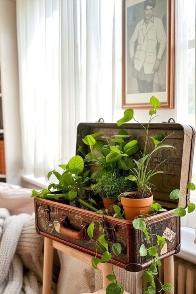 Vintage suitcase stacked plant tower