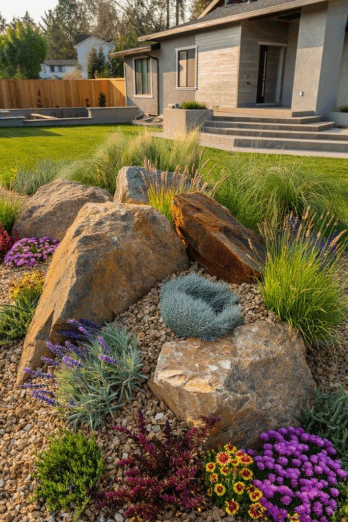 Orange stones, sunbaked rocky scatter layout.