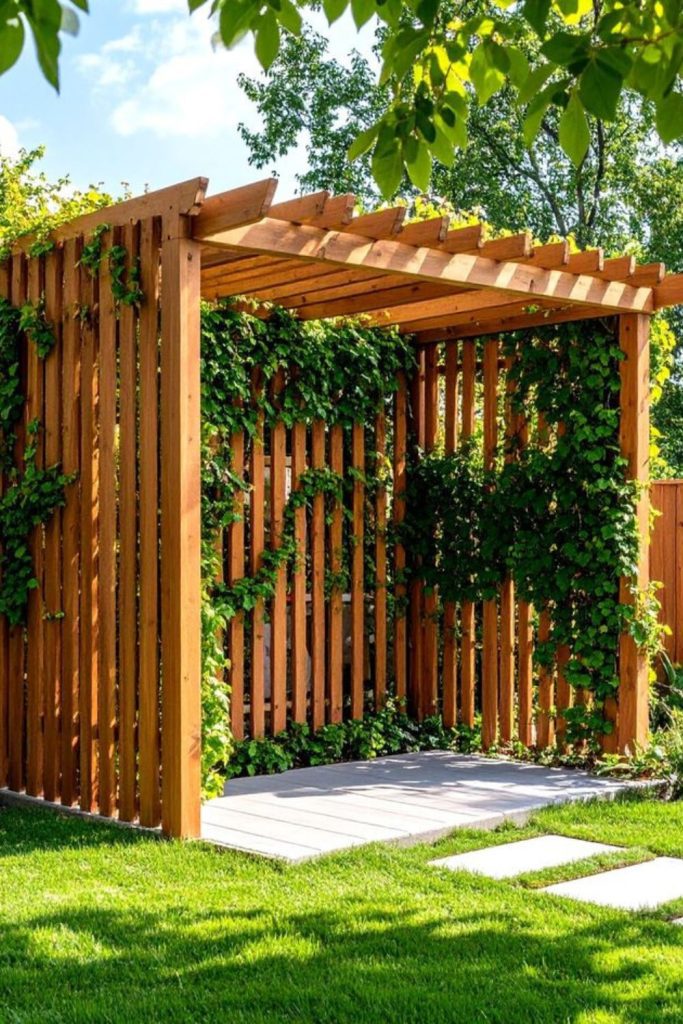 Sunburst wooden trellis garden accent.