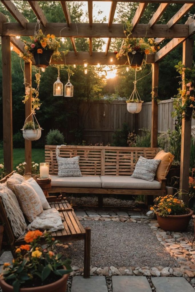 Sunflower-filled pergola patio retreat.