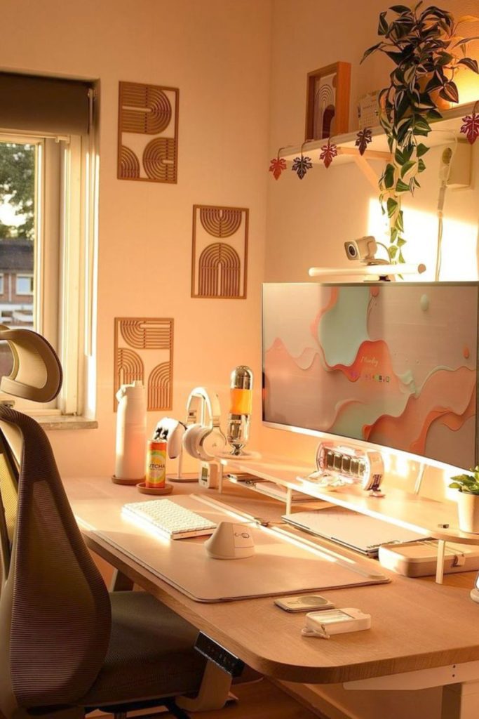 Sunset warm glowing office desk corner.