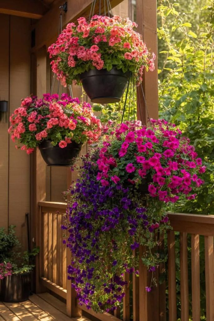Vibrant floral basket patio display