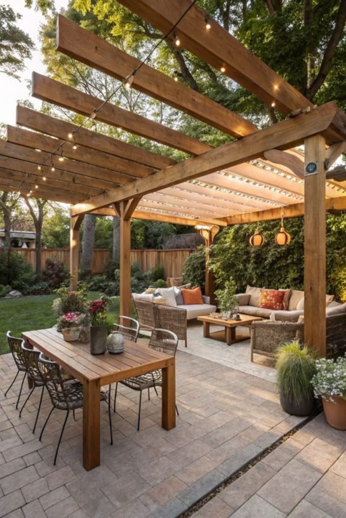 Sunwashed cedar pergola with cozy seating.