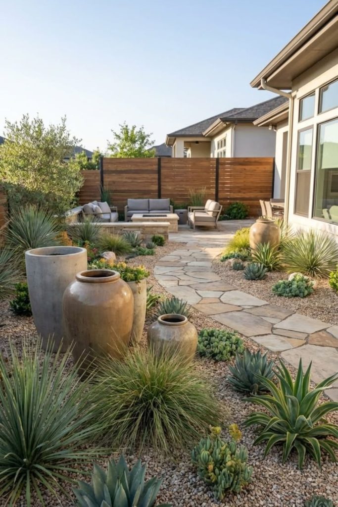 Sunlit gravel yard with succulents.