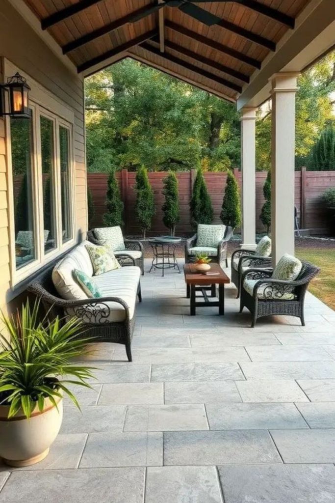 Sunwashed concrete patio with cozy seating.