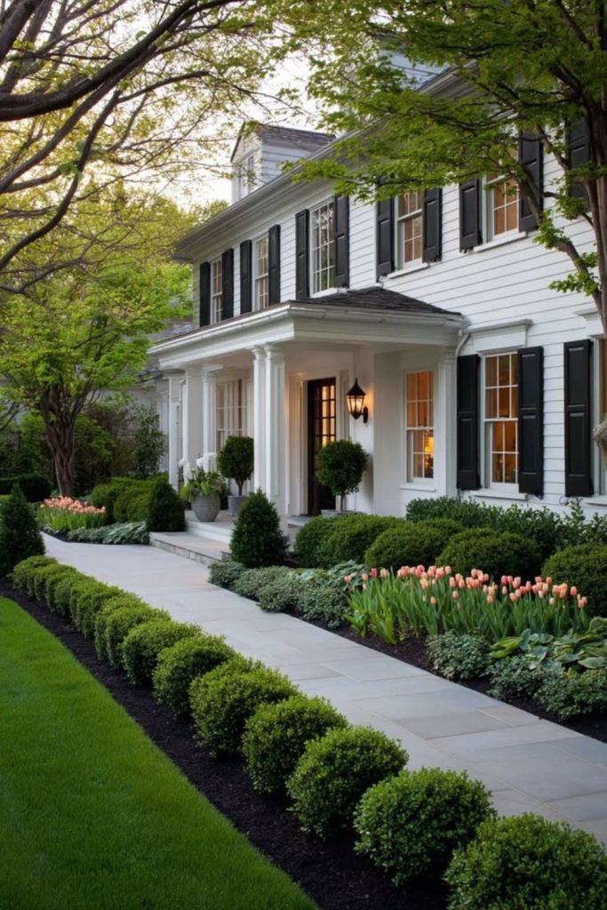 Symmetrical evergreen frame balanced hedges structured formal garden entry