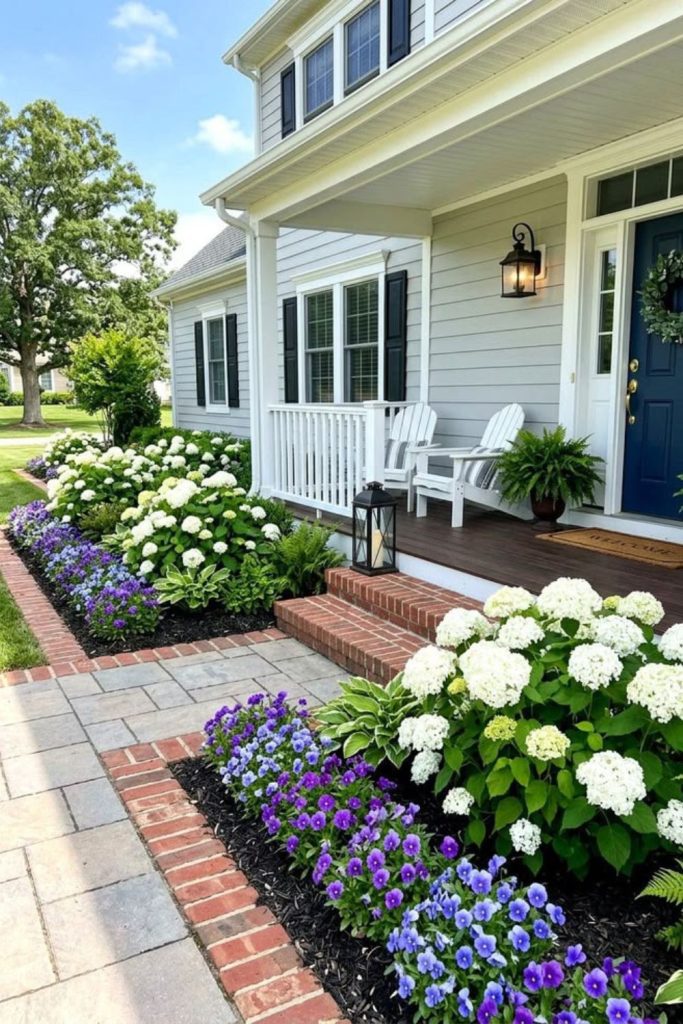 Symmetrical flower beds by walkway