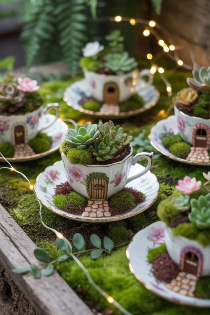 Teacup succulent mini garden arrangement