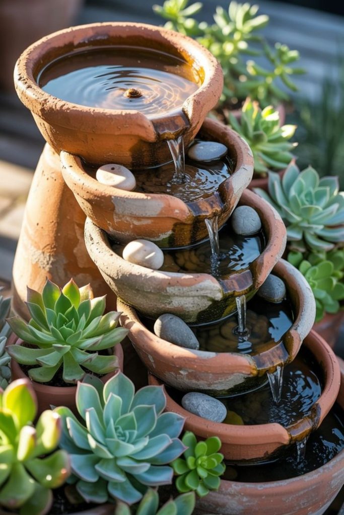 Terracotta bee bath with pebbles.